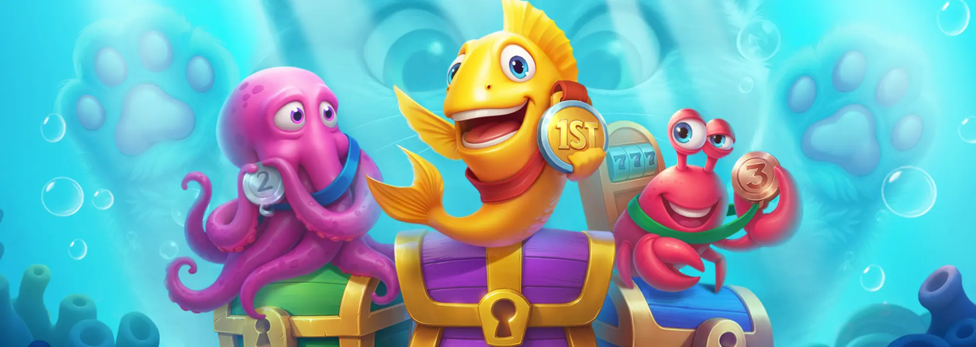 Χαρούμενο ψάρι, χταπόδι και κάβουρας κάτω από τη θάλασσα, κρατώντας μετάλλια πρώτης, δεύτερης και τρίτης θέσης μπροστά από ένα γαλάζιο φόντο με φυσαλίδες και αποτυπώματα πατούσας.